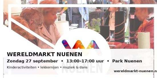 Komt allen op 27 september naar het Park en loop over de gezellige Wereldmarkt. U waant zich in Afrika, Midden of Zuid-Amerika, India en noem maar op. Vrolijke, creatieve kramen vol met informatie over goede doelen in verre landen, maar ook met informatie over duurzaamheid dichtbij. En dat is nog niet alles. Er zijn kinderactiviteiten, heerlijke lekkernijen en fantastische optredens met muziek en dans, maar bovenal een heel gezellige sfeer. Zien we u ook?